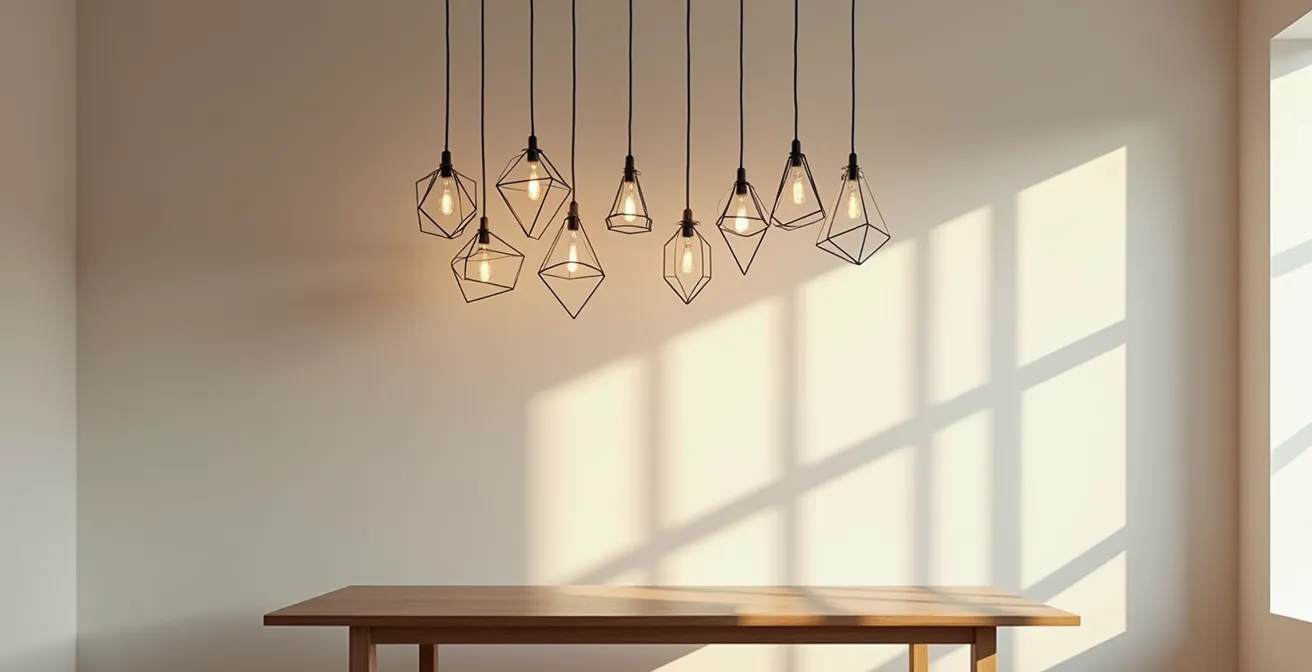 Vue en contre-plongée d'une suspension design au-dessus d'une table carrée