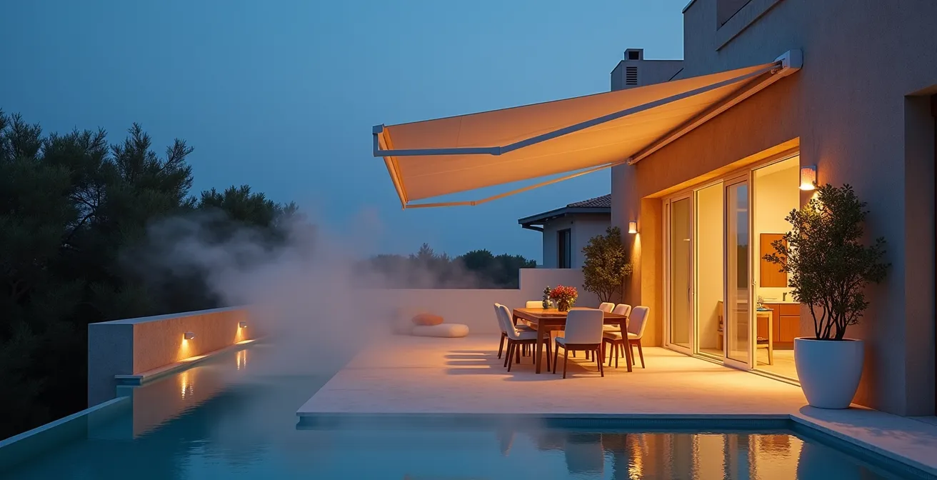 Terrasse avec store relevé la nuit montrant la circulation d'air frais