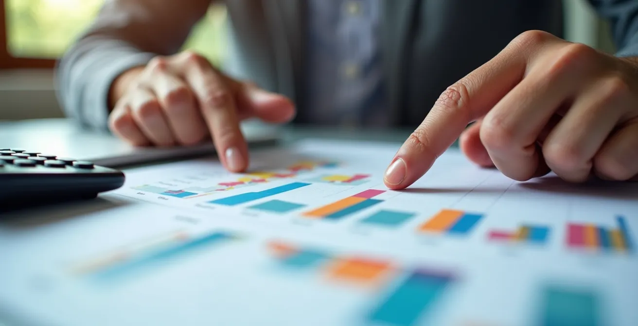 Mains d'une personne analysant des graphiques colorés sur papier avec calculatrice