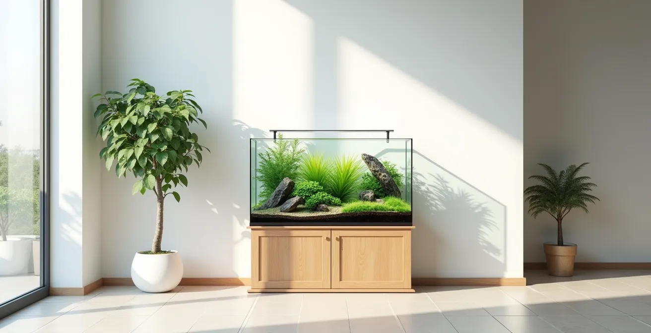 Vue d'ensemble minimaliste d'un aquarium naturel dans son environnement