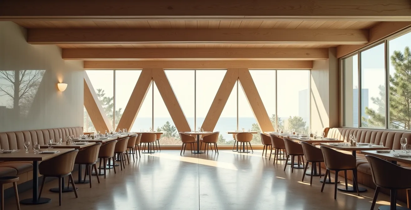 Détail architectural de l'intérieur d'un restaurant montrant les différentes perspectives visuelles