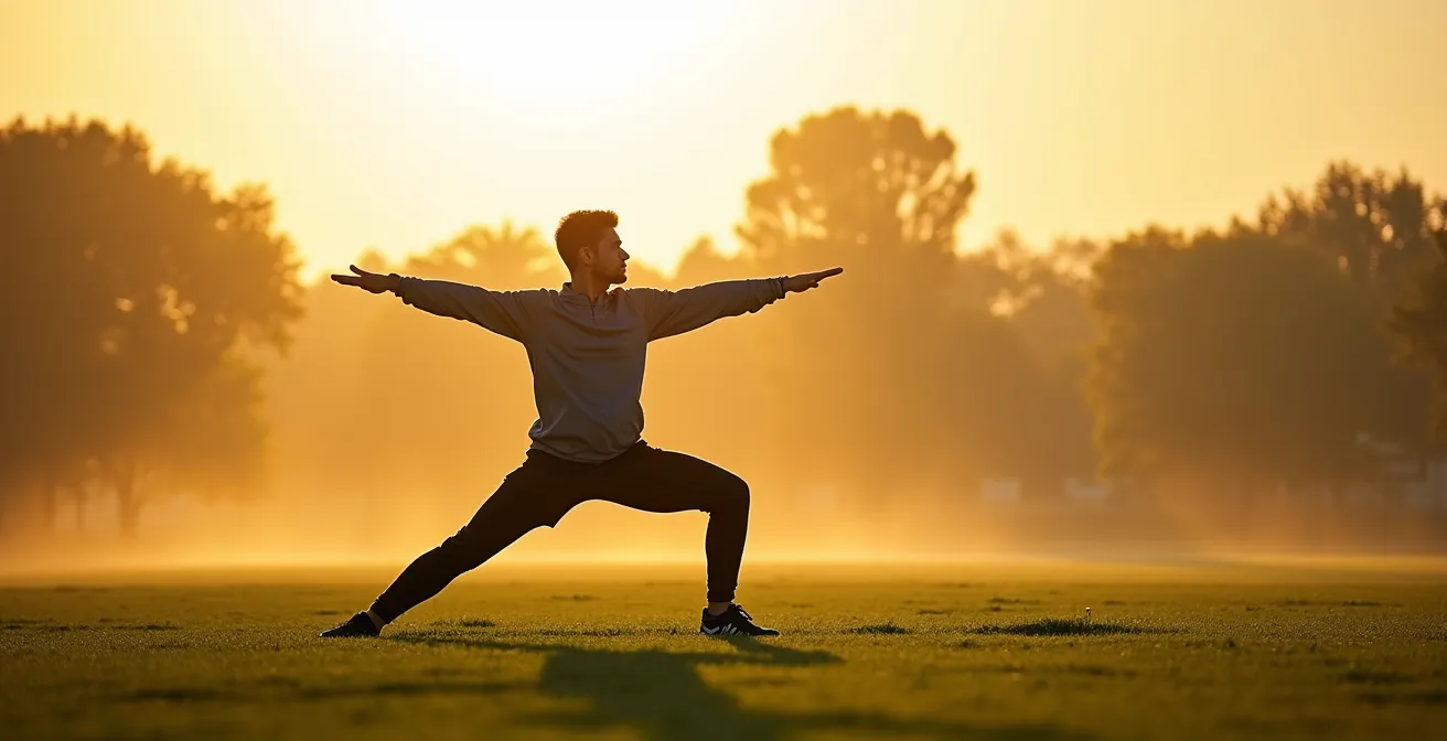 Personne s'étirant dans un parc au lever du soleil