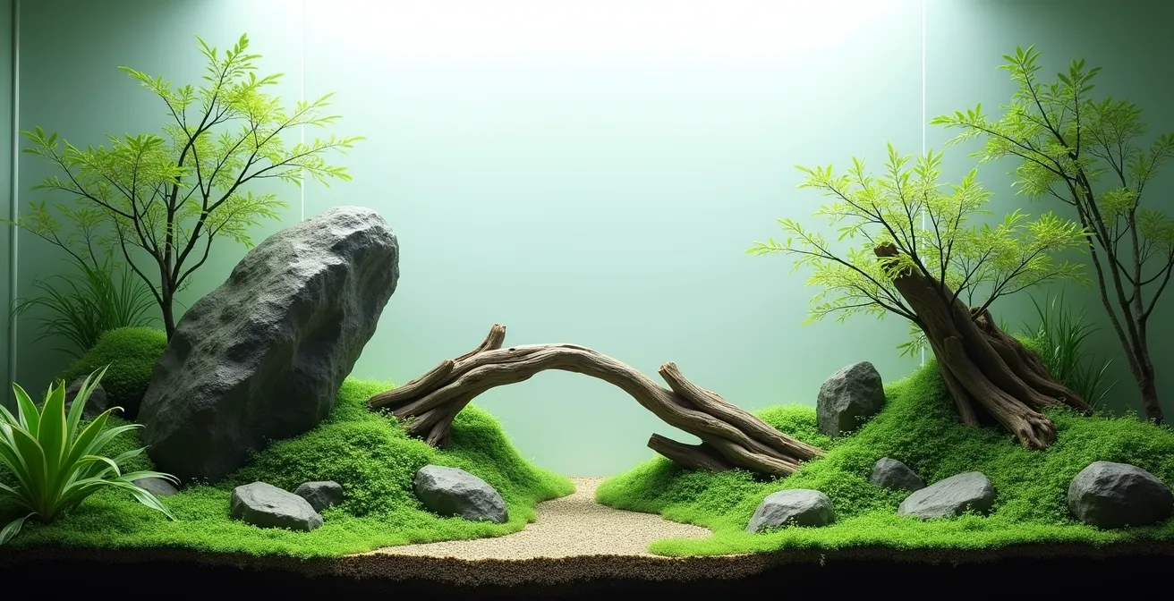 Composition biotope asiatique avec pierres et Bucephalandra