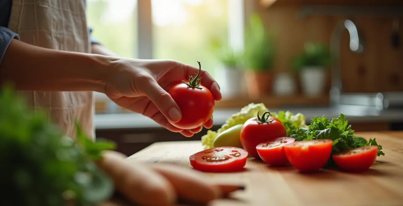 Main tenant délicatement une tomate fraîche au-dessus d'un plan de travail de cuisine