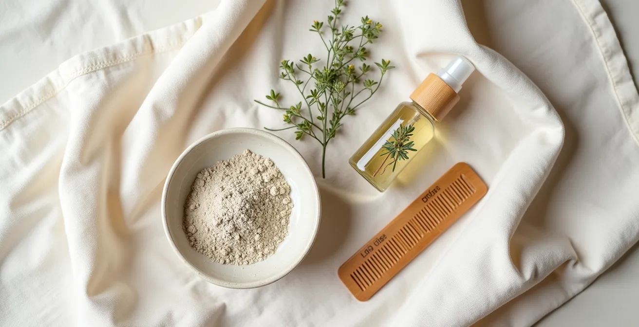 Arrangement minimaliste de produits naturels pour soins capillaires