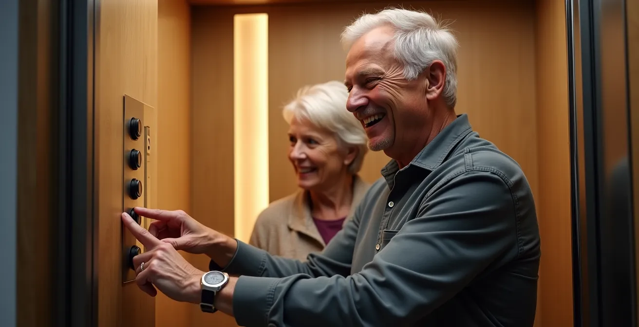 Couple de seniors utilisant facilement les commandes intuitives d'un ascenseur privatif moderne