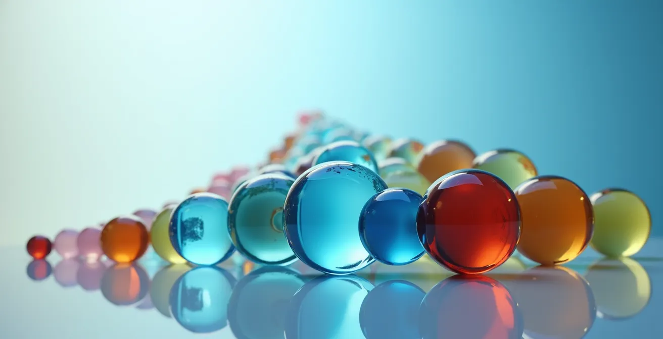 Graphique abstrait montrant une courbe de distribution avec des points lumineux et des formes géométriques colorées