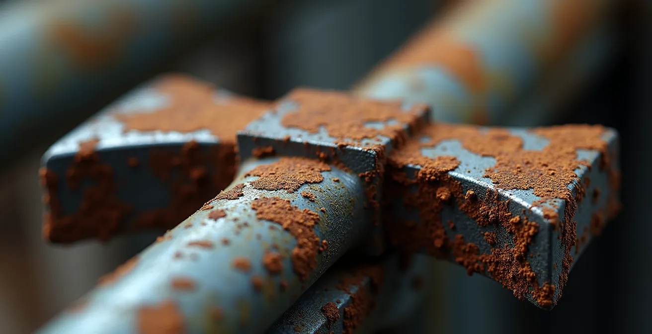 Vue macro d'une surface métallique industrielle montrant des textures de corrosion