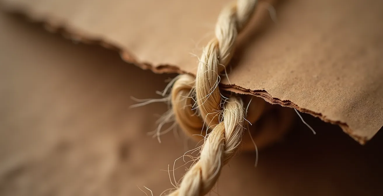 Gros plan extrême sur la texture du papier kraft et de la ficelle naturelle
