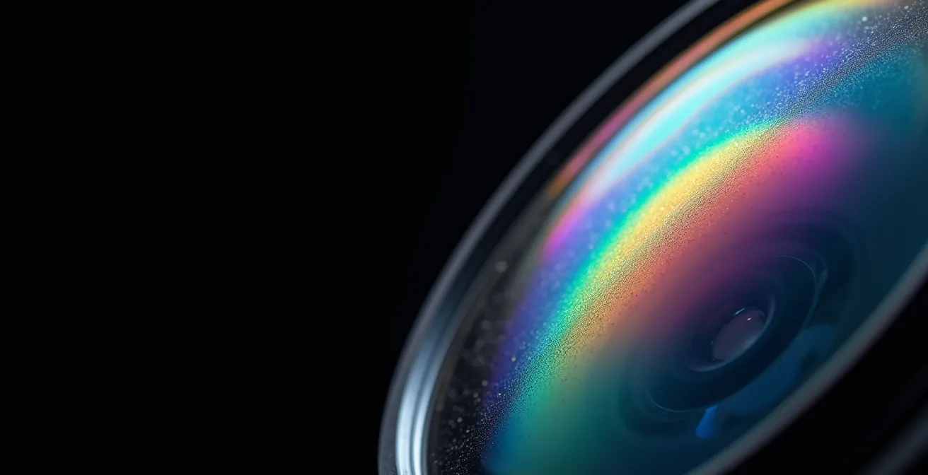 Vue macro d'un verre polarisé Cartier montrant les couches de traitement optique