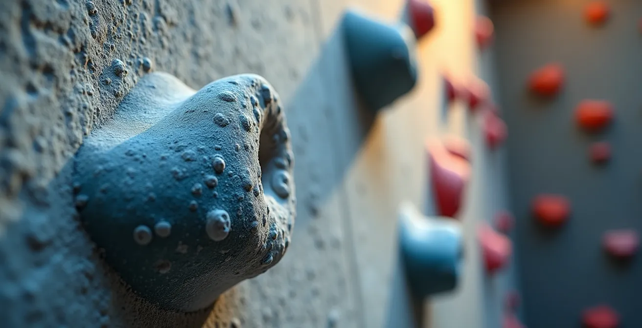 Gros plan sur la texture d'un mur d'escalade avec traces de magnésie