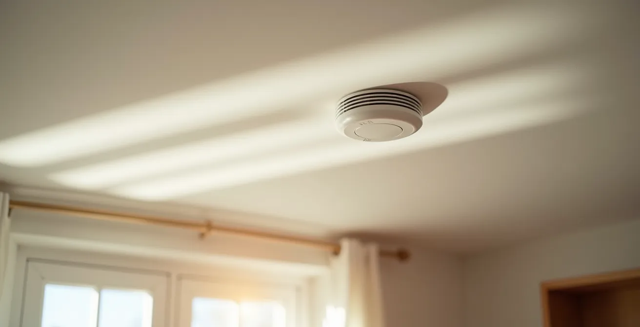 Détecteur de fumée moderne installé au plafond d'un intérieur lumineux