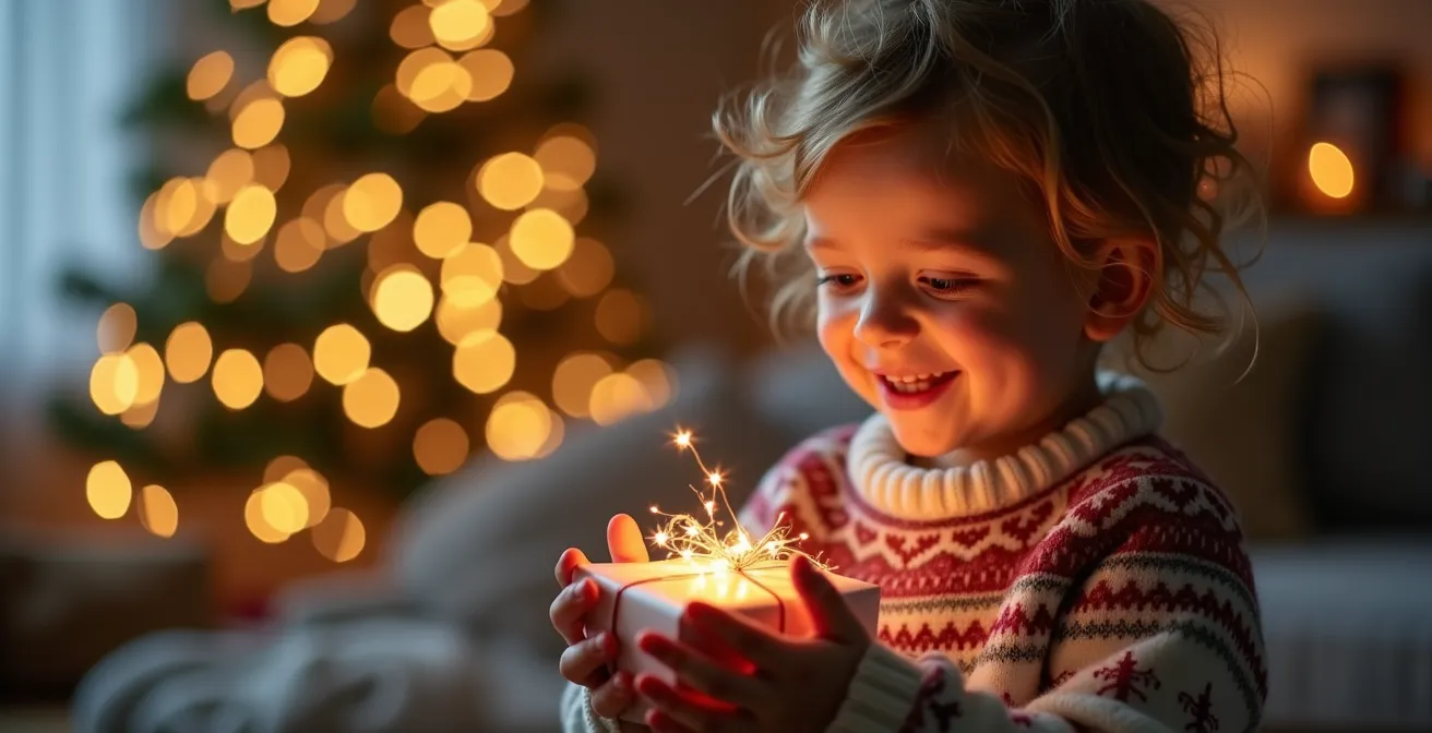 Un enfant émerveillé tenant une petite surprise découverte, entouré de décorations festives floues
