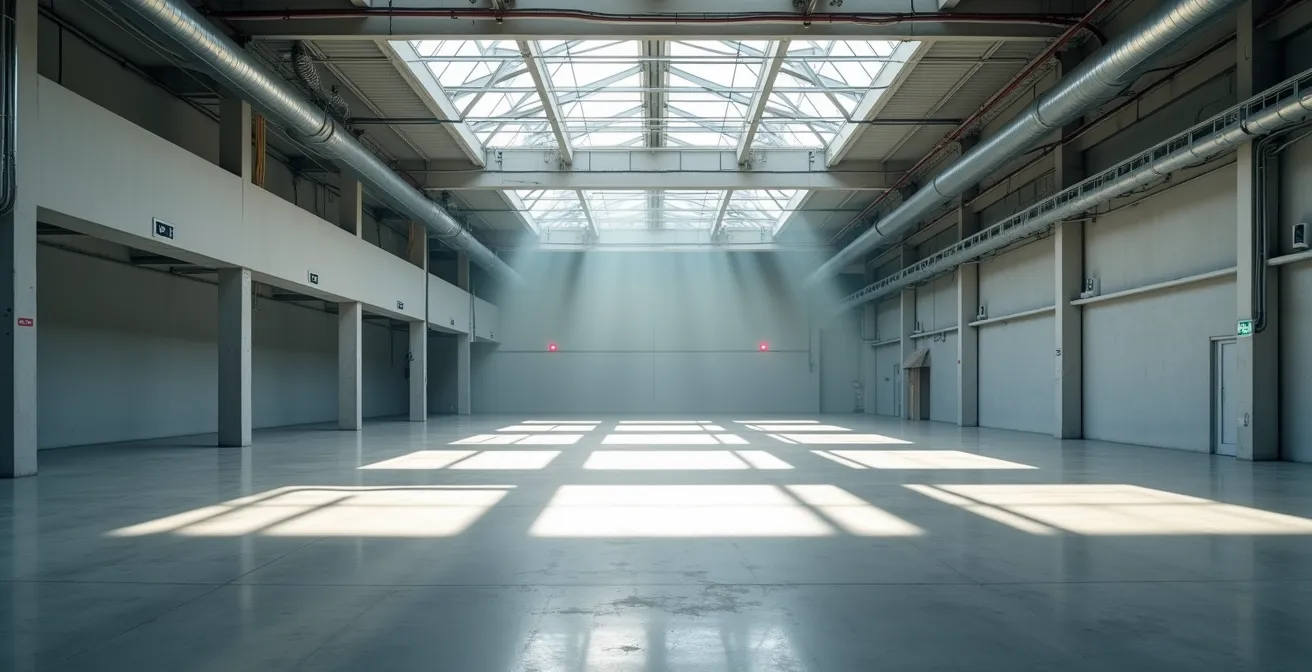Hall industriel moderne avec architecture épurée baigné de lumière naturelle