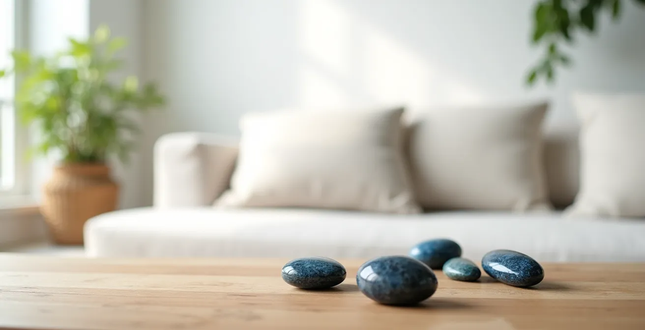 Espace de méditation épuré avec pierres disposées harmonieusement sur une surface en bois naturel