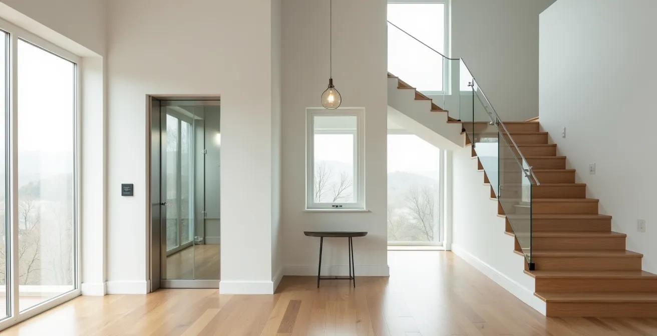 Vue architecturale minimaliste d'un intérieur avec escalier et ascenseur vitré intégré harmonieusement
