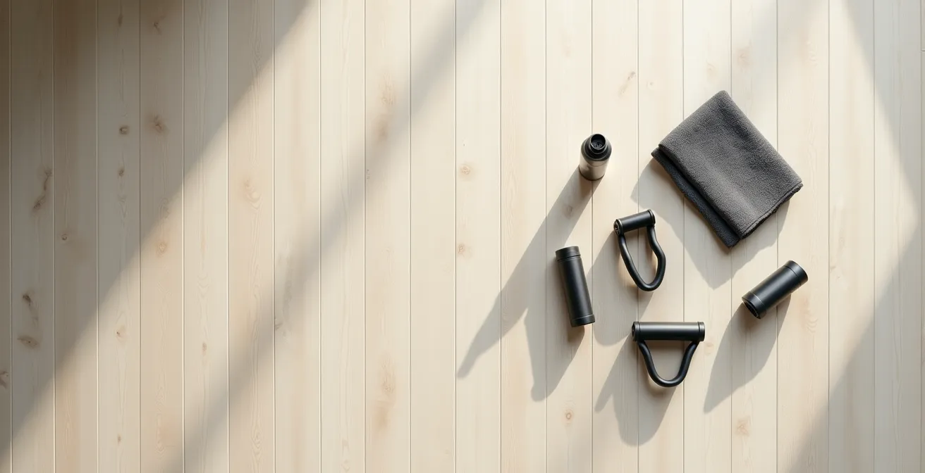 Vue aérienne d'objets de fitness organisés géométriquement sur surface claire