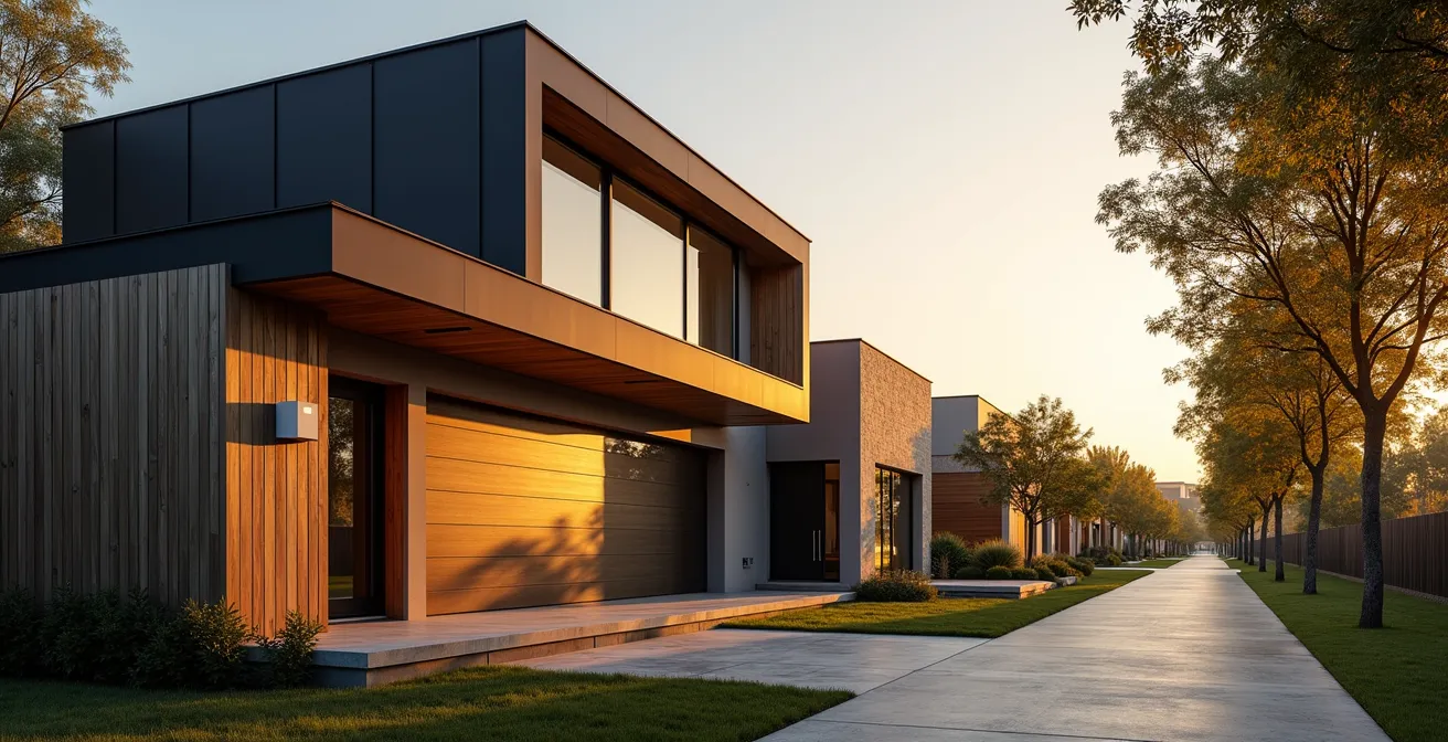 Vue extérieure d'une maison résidentielle avec éléments de sécurité discrets intégrés