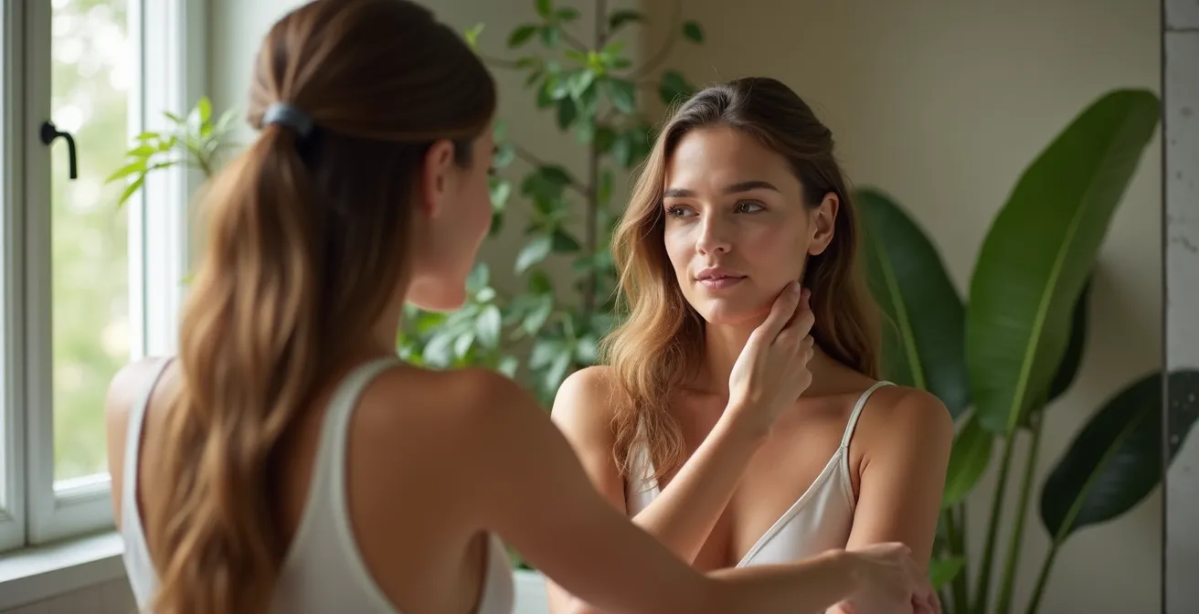 Femme contemplative devant miroir dans ambiance naturelle