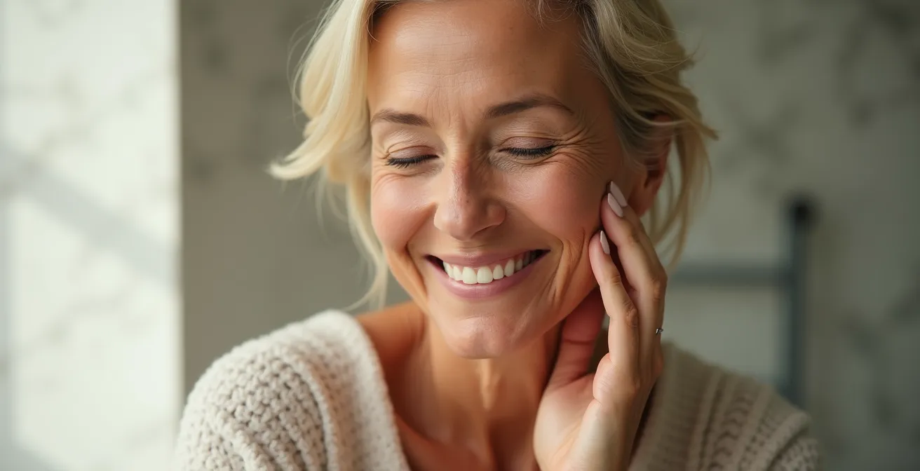 Femme mature touchant sa peau hydratée et repulpée