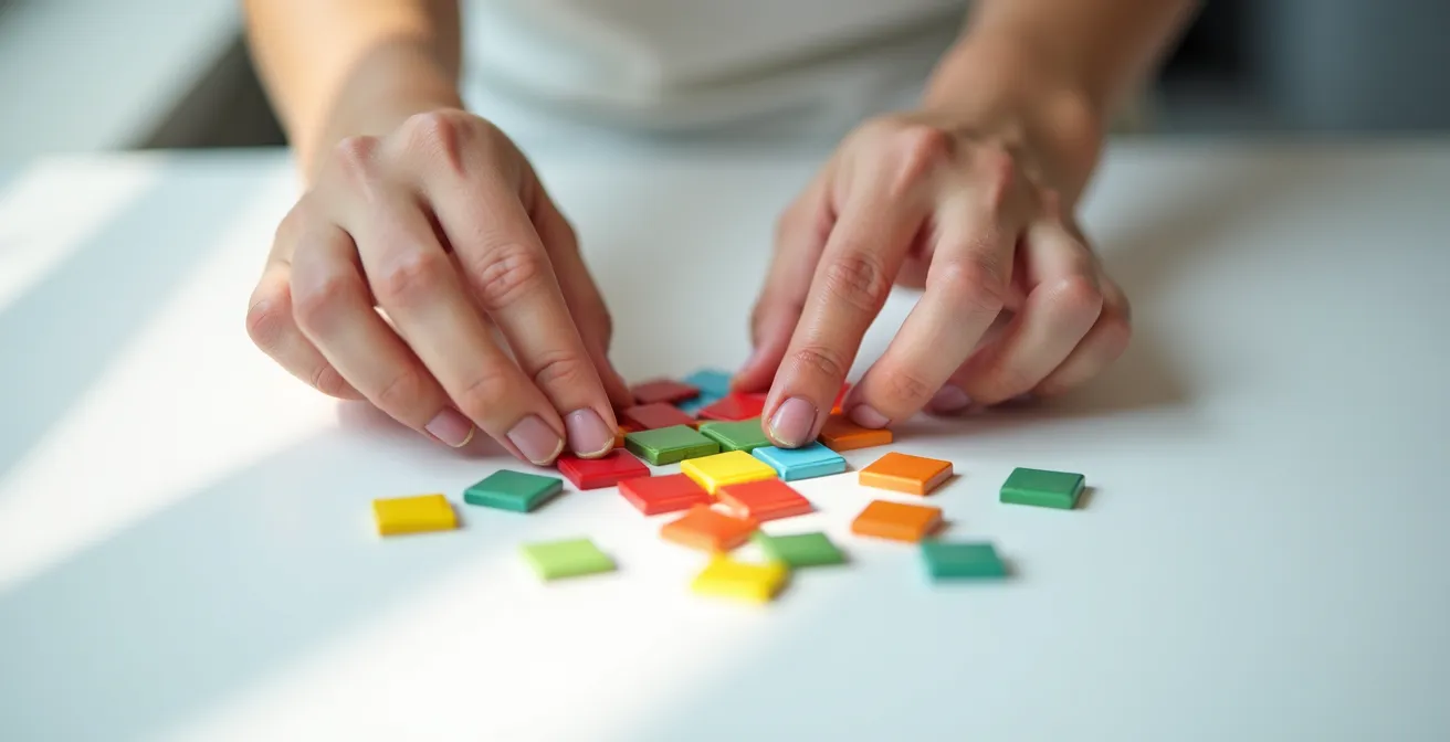 Gros plan sur des mains manipulant intuitivement des éléments créatifs