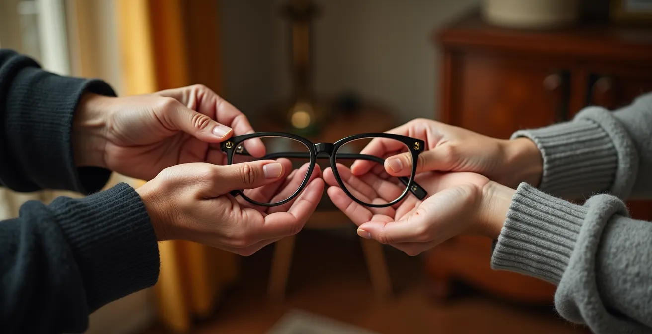 Mains de trois générations tenant délicatement une même paire de lunettes Cartier vintage