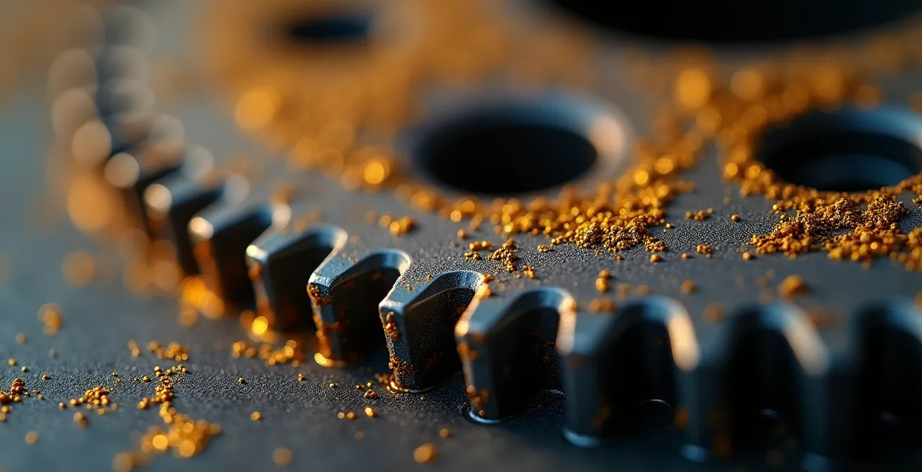 Vue macro détaillée de composants industriels montrant des signes microscopiques d'usure prématurée