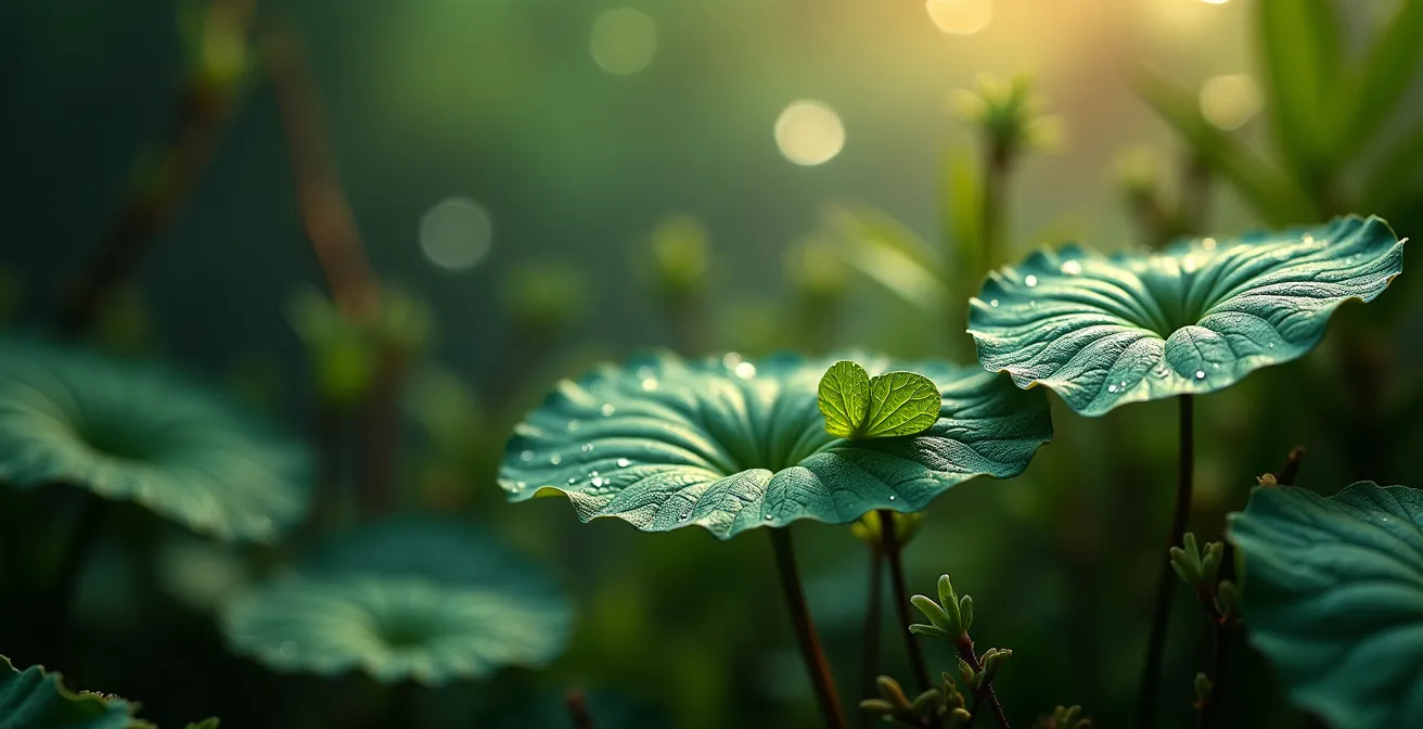 Vue macro de feuilles aquatiques aux textures contrastées