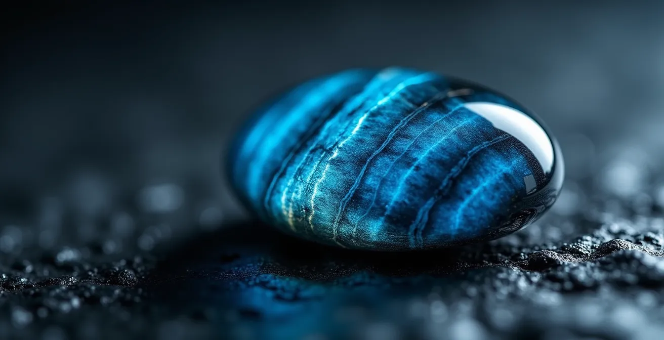 Gros plan macro sur la texture chatoyante d'un œil de tigre bleu montrant les reflets soyeux caractéristiques