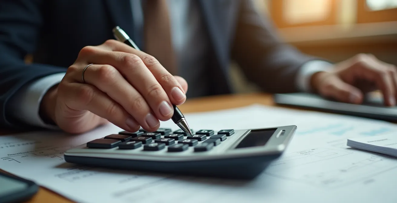 Main d'expert analysant des données financières sur une calculatrice professionnelle