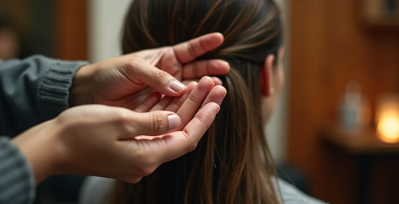 Mains expertes d'un coiffeur appliquant un soin végétal sur cheveux