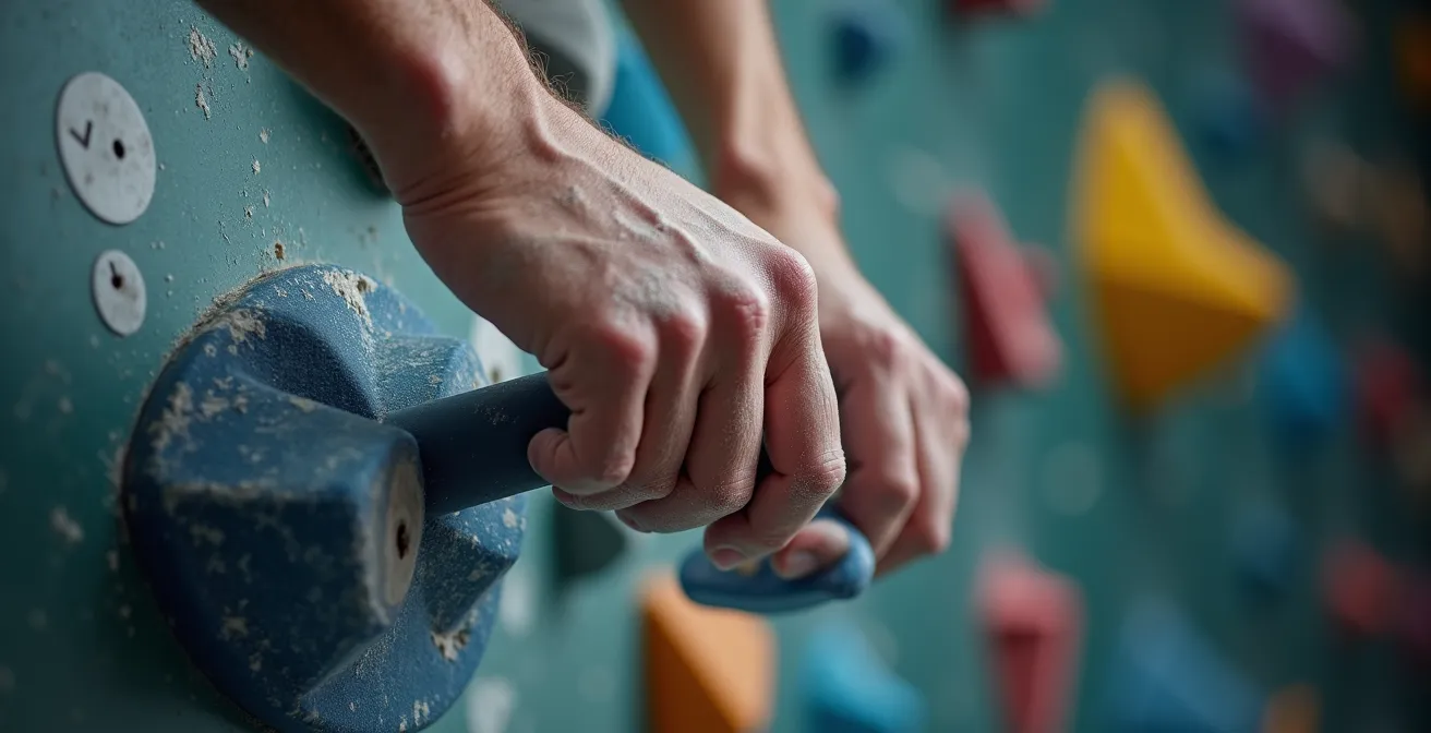 Mains d'un grimpeur en action montrant la concentration et l'effort