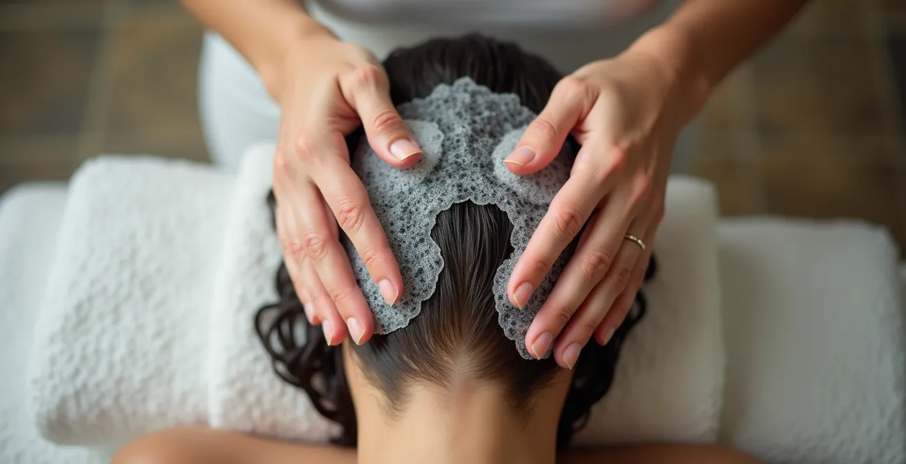 Vue de dessus de mains massant un cuir chevelu avec mouvements circulaires