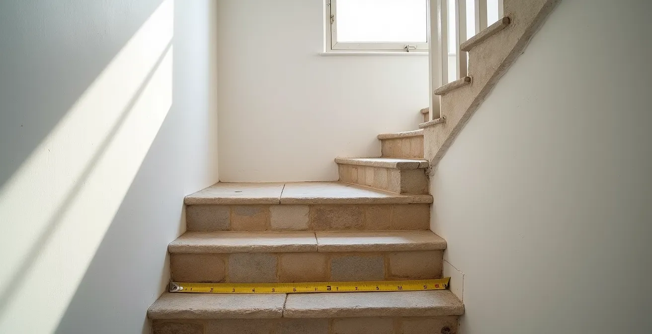 Vue plongeante d'un escalier ancien en pierre avec mètre ruban posé sur une marche