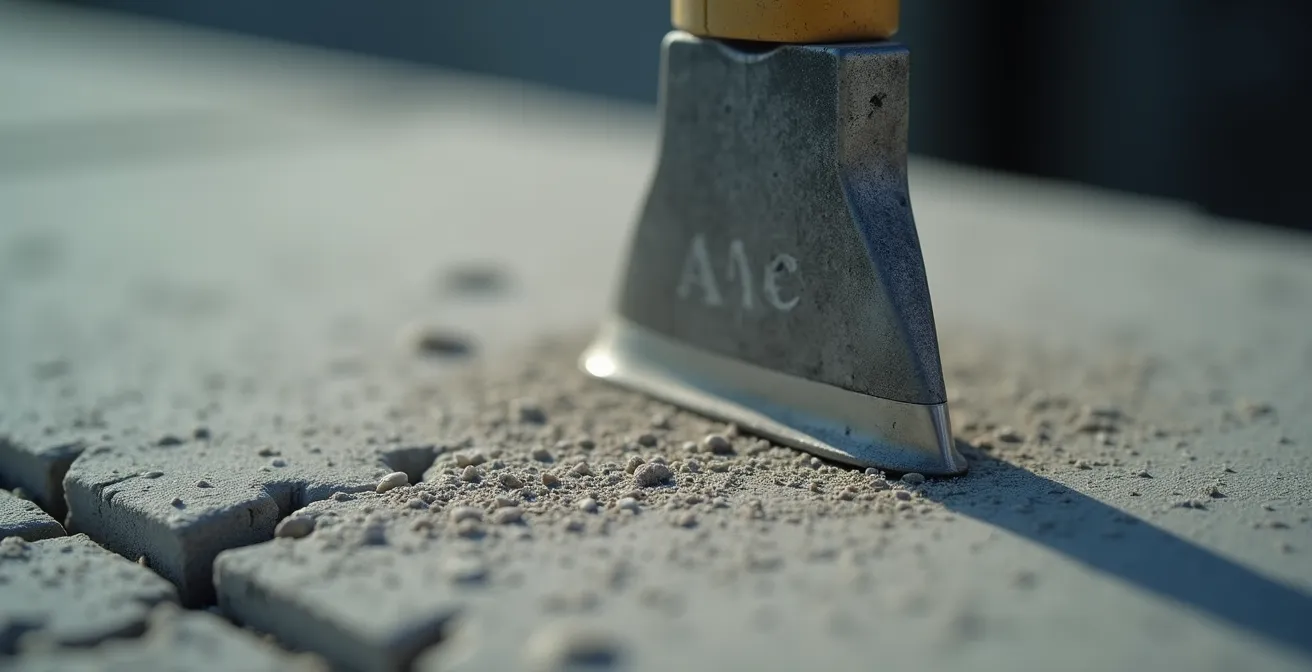 Vue macro d'un scléromètre mesurant la résistance d'une surface béton