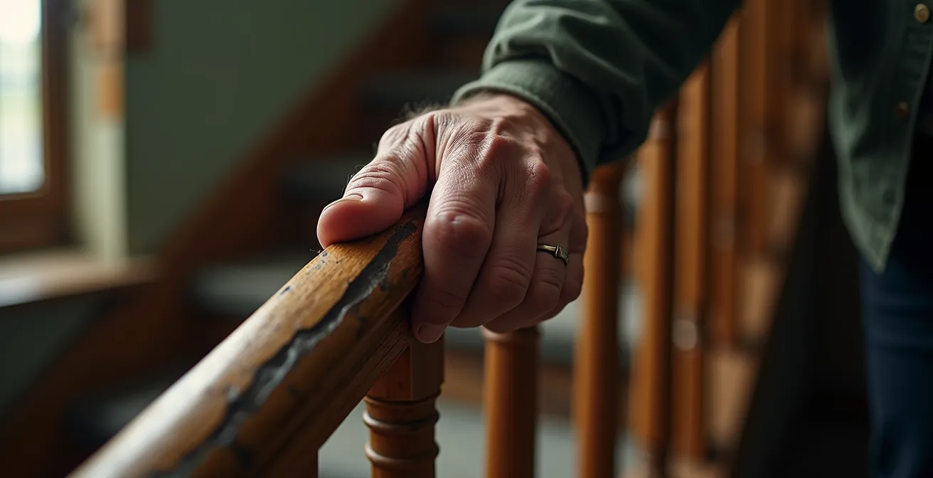 Détail en macro d'une main âgée hésitant sur une rampe d'escalier en bois, montrant la texture et l'usure