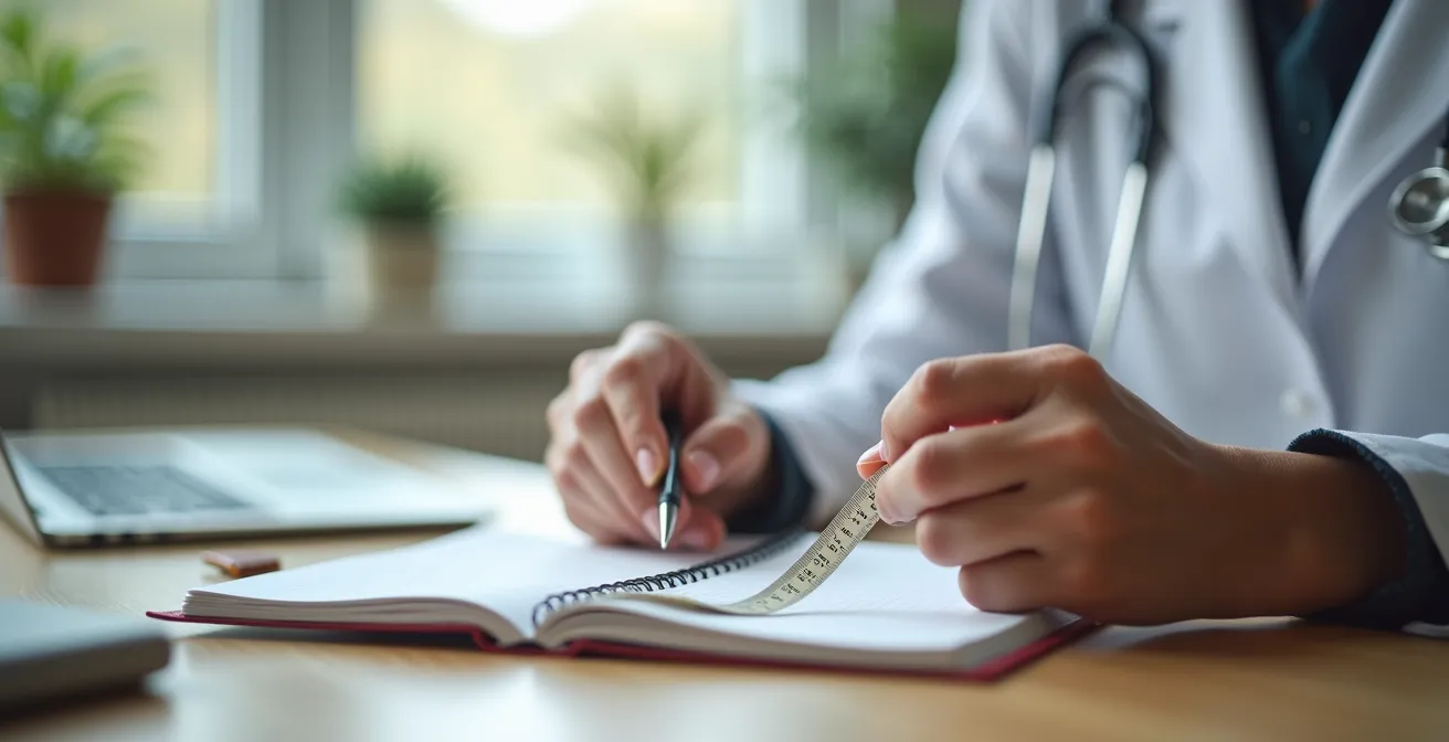 Mains tenant un carnet de suivi médical avec ruban de mesure posé à côté
