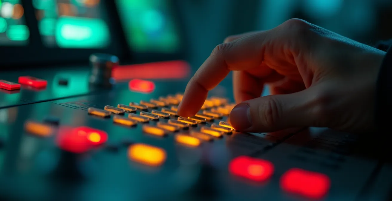 Gros plan sur les mains d'un opérateur manipulant un système de contrôle d'urgence