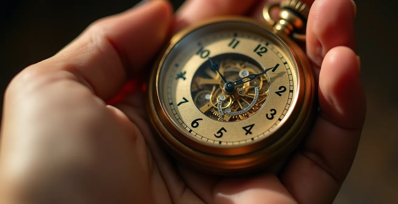 Main tenant un chronomètre vintage avec reflets lumineux montrant l'écoulement du temps