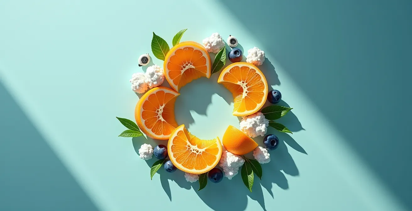 Composition artistique montrant la synergie entre vitamines et collagène