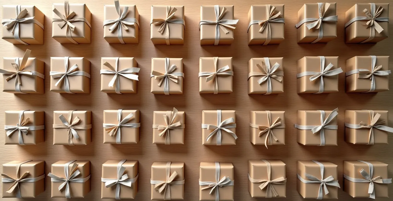 Vue aérienne d'une table avec 24 petits cadeaux organisés en grille, éclairés par une lumière douce