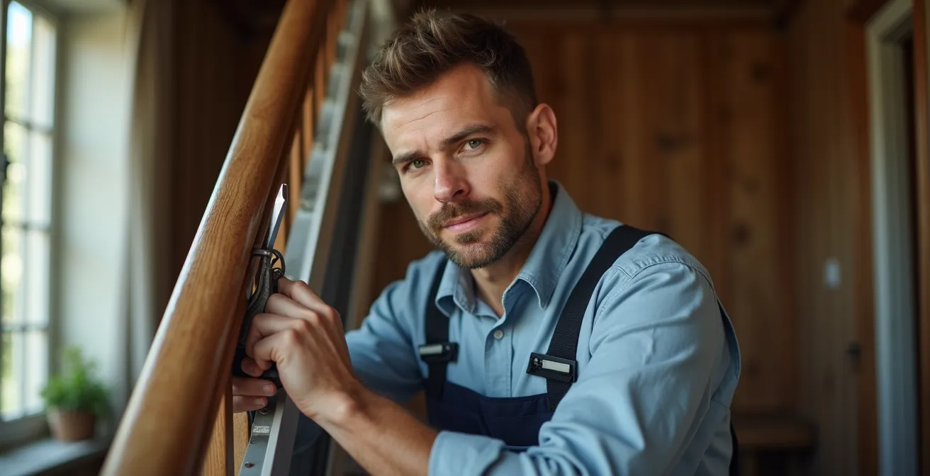 Technicien professionnel ajustant un rail de monte-escalier avec précision
