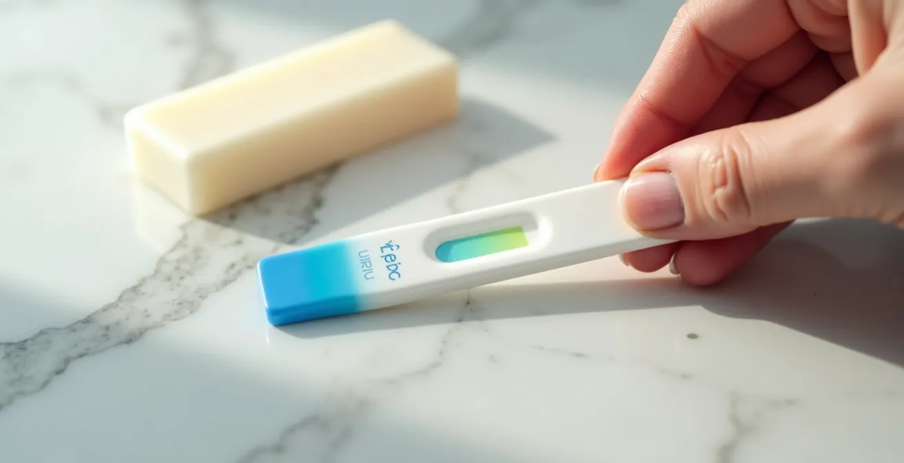 Main tenant une bandelette de pH colorée près d'un shampoing solide