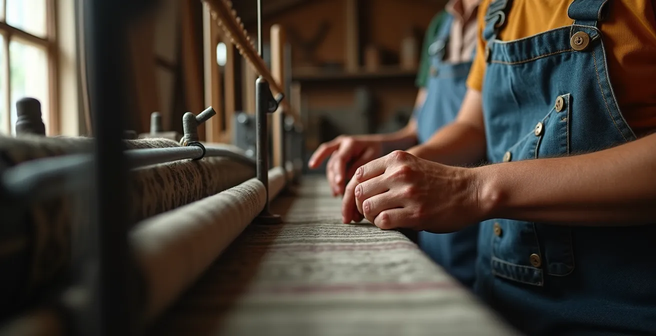Maître artisan transmettant son savoir-faire à un apprenti dans un atelier textile