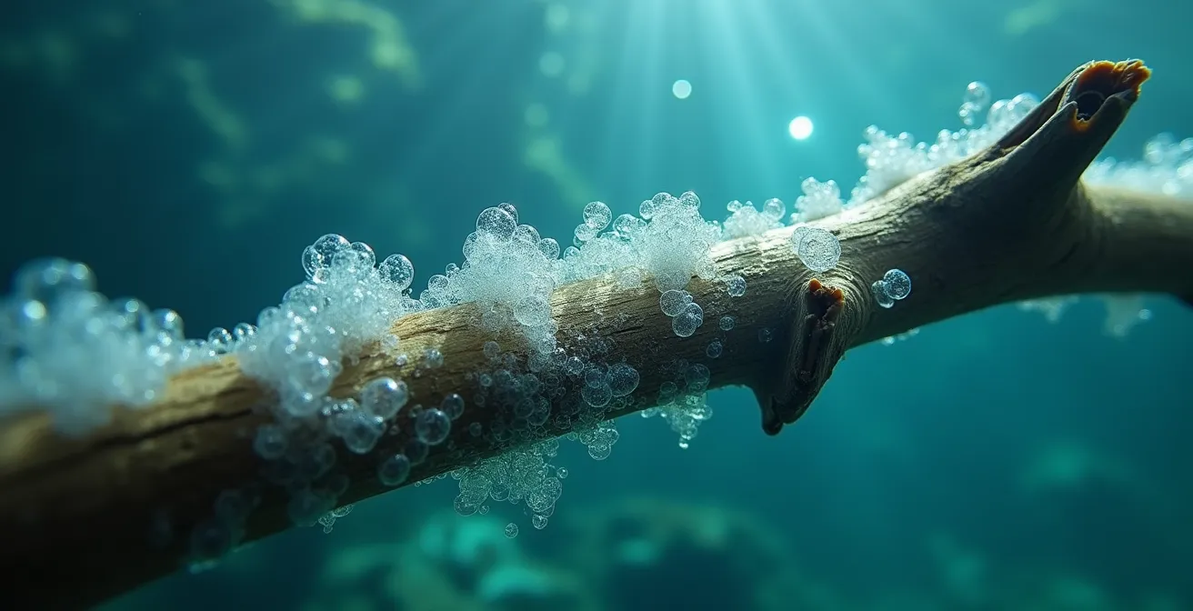 Vue macro du biofilm bactérien sur une racine d'aquarium