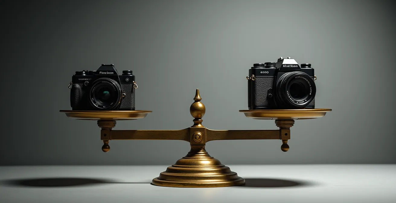 Balance métallique équilibrée avec objectifs d'un côté et boîtier de l'autre