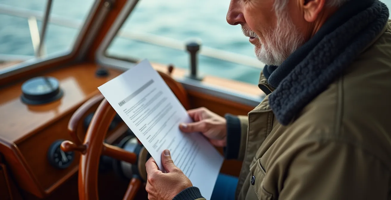 Capitaine consultant des documents temporaires dans le cockpit de son voilier
