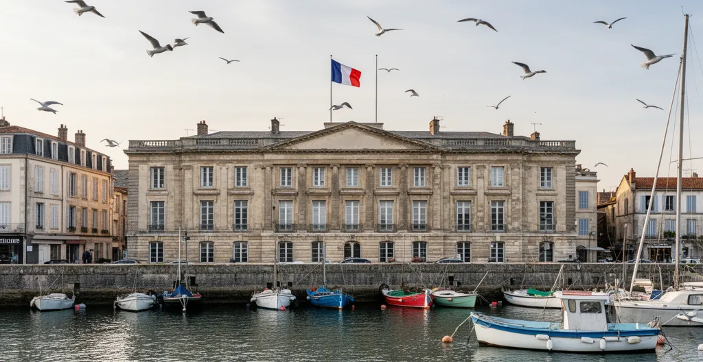 Bâtiment officiel de capitainerie portuaire avec drapeau français et bateaux amarrés
