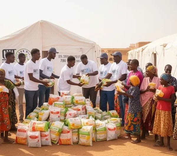 Bénévoles humanitaires distribuant des colis alimentaires à des familles dans un village