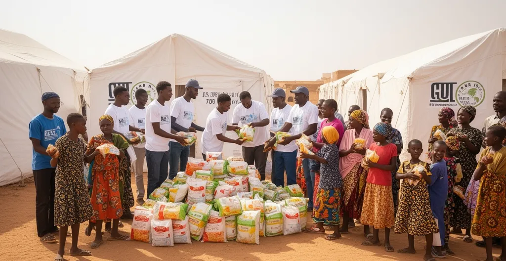 Bénévoles humanitaires distribuant des colis alimentaires à des familles dans un village